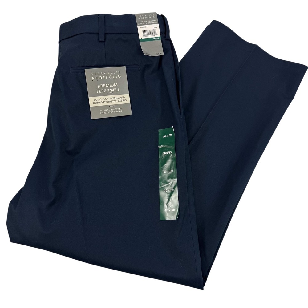 Perry Ellis Portfolio Dress Pants Mens 40x29 Blue Premium Flex Twill NEW $65